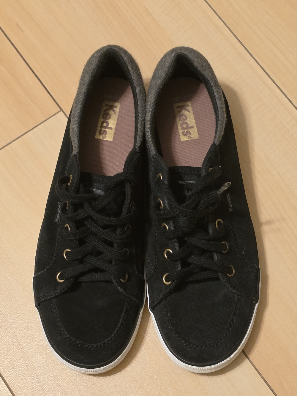 Keds Black Suede Lace-Up Sneakers with Gold Eyelets